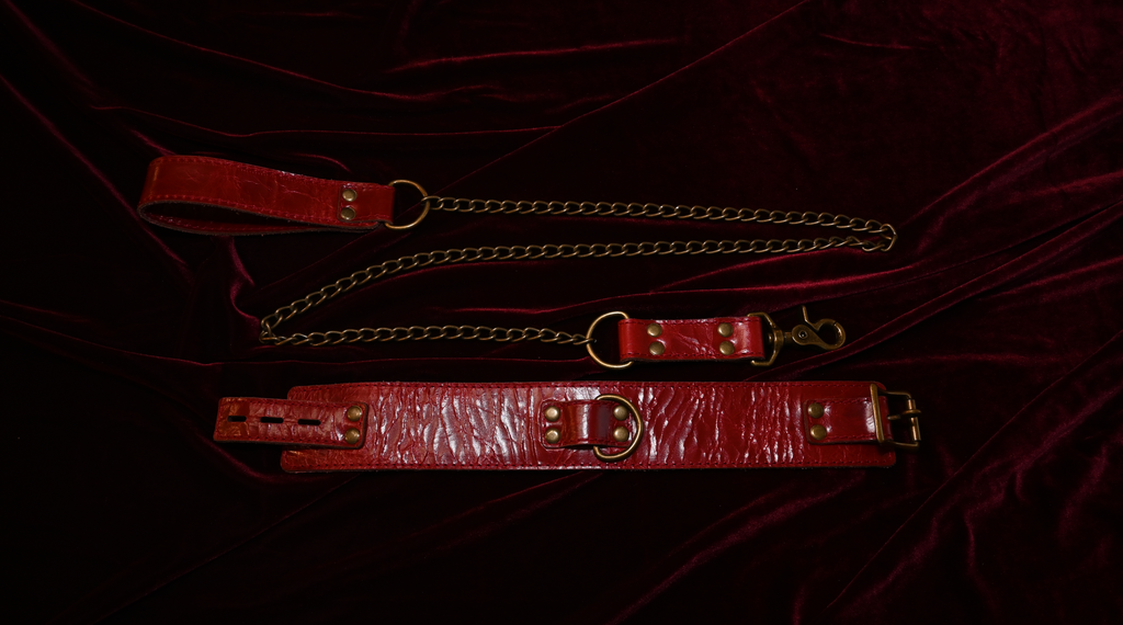 Crimson Antique Collar and Leash set with matching ankle and wrist cuffs image 4