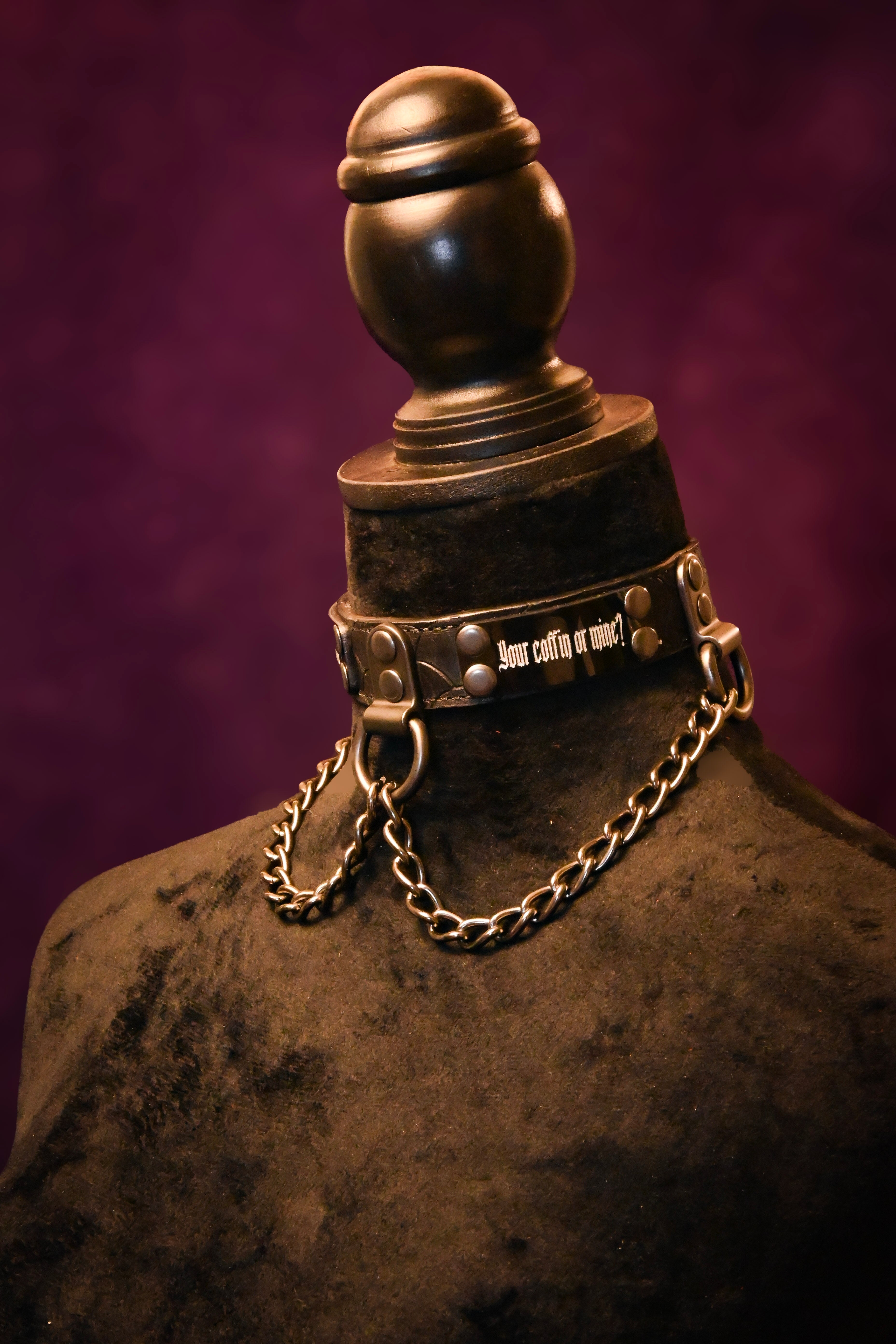 Cryptmas - Your Coffin or Mine? - Black Scale Embossed Leather with Gunmetal Chain Name Plate Collar