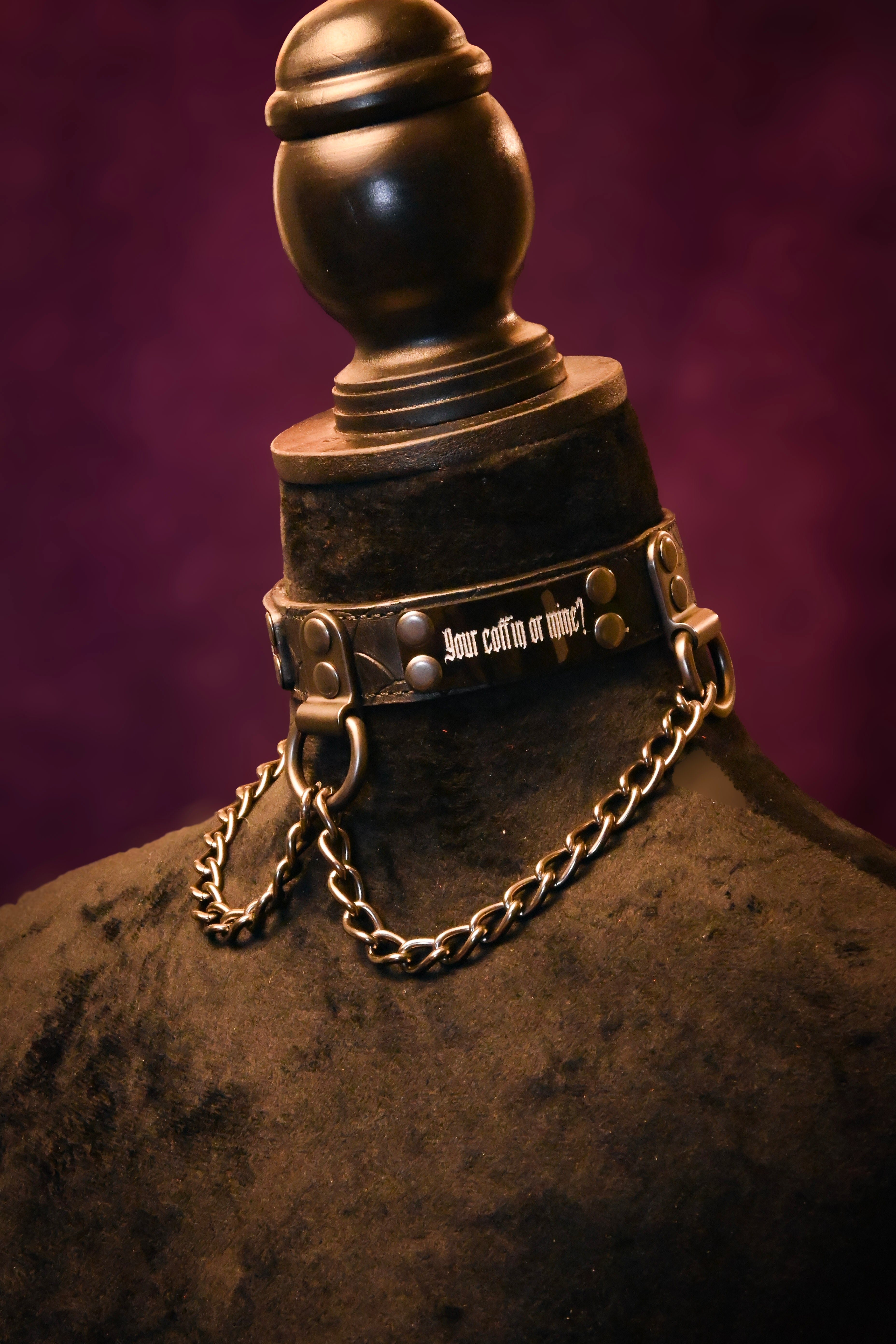 Cryptmas - Your Coffin or Mine? - Black Scale Embossed Leather with Gunmetal Chain Name Plate Collar