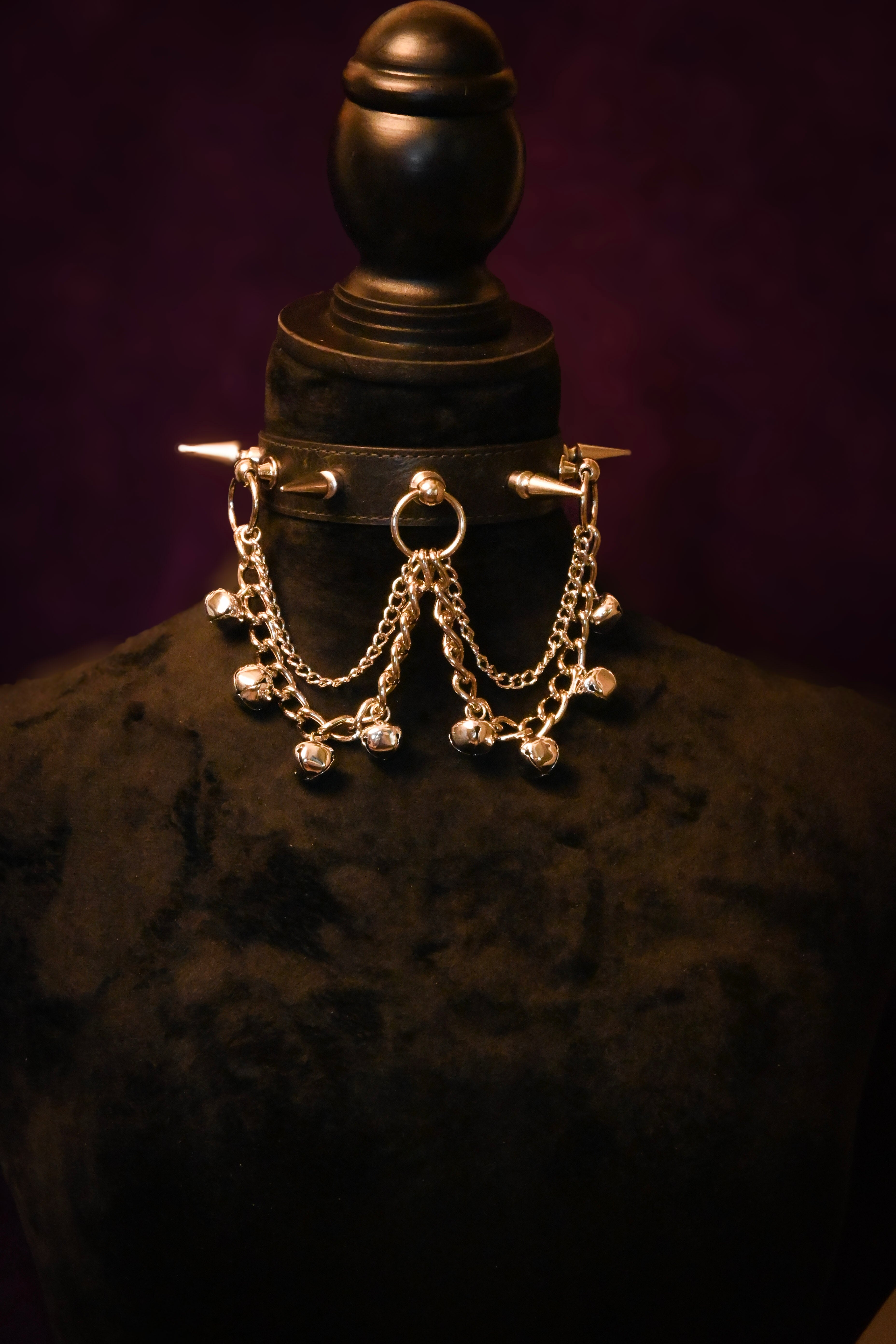 Krampus is Cumming - Black Leather Spikes and Bells Collar